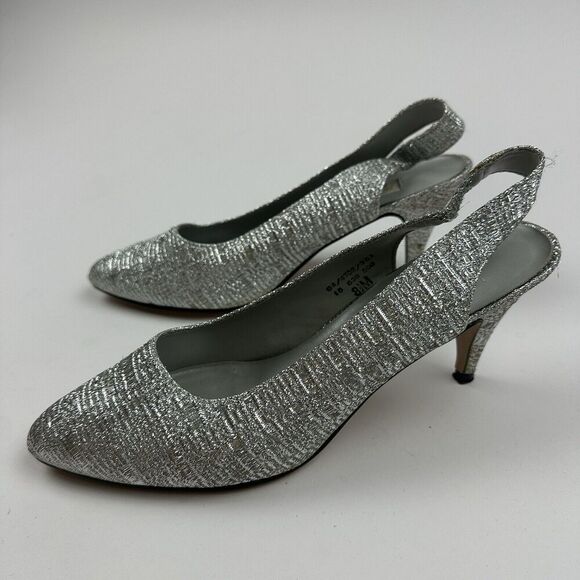 Pierre Dumas Designer Collection Silver Metallic Sling Back Heel Pointed 8.5M - Picture 2 of 13